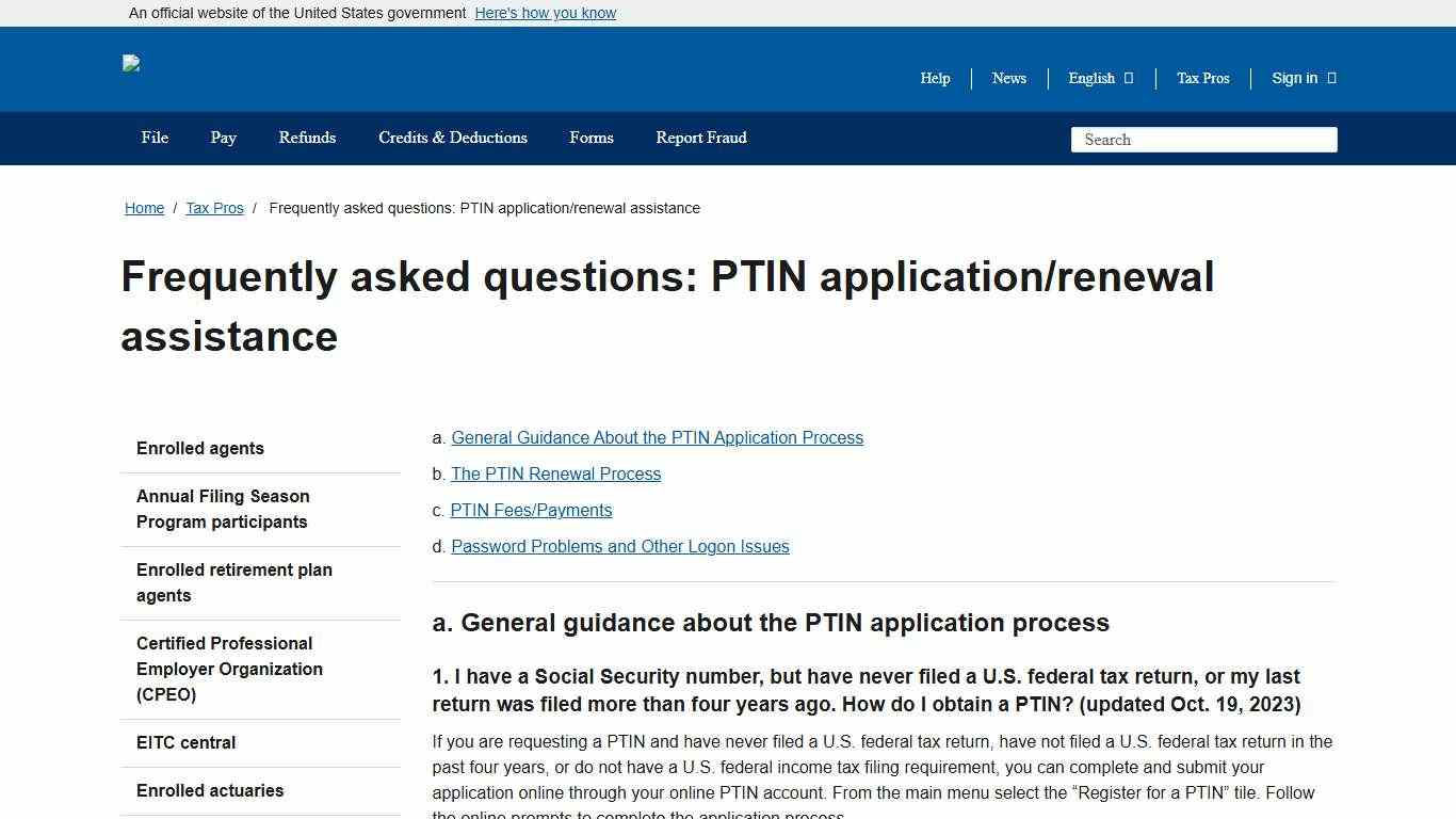 Frequently asked questions: PTIN application/renewal assistance | Internal Revenue Service