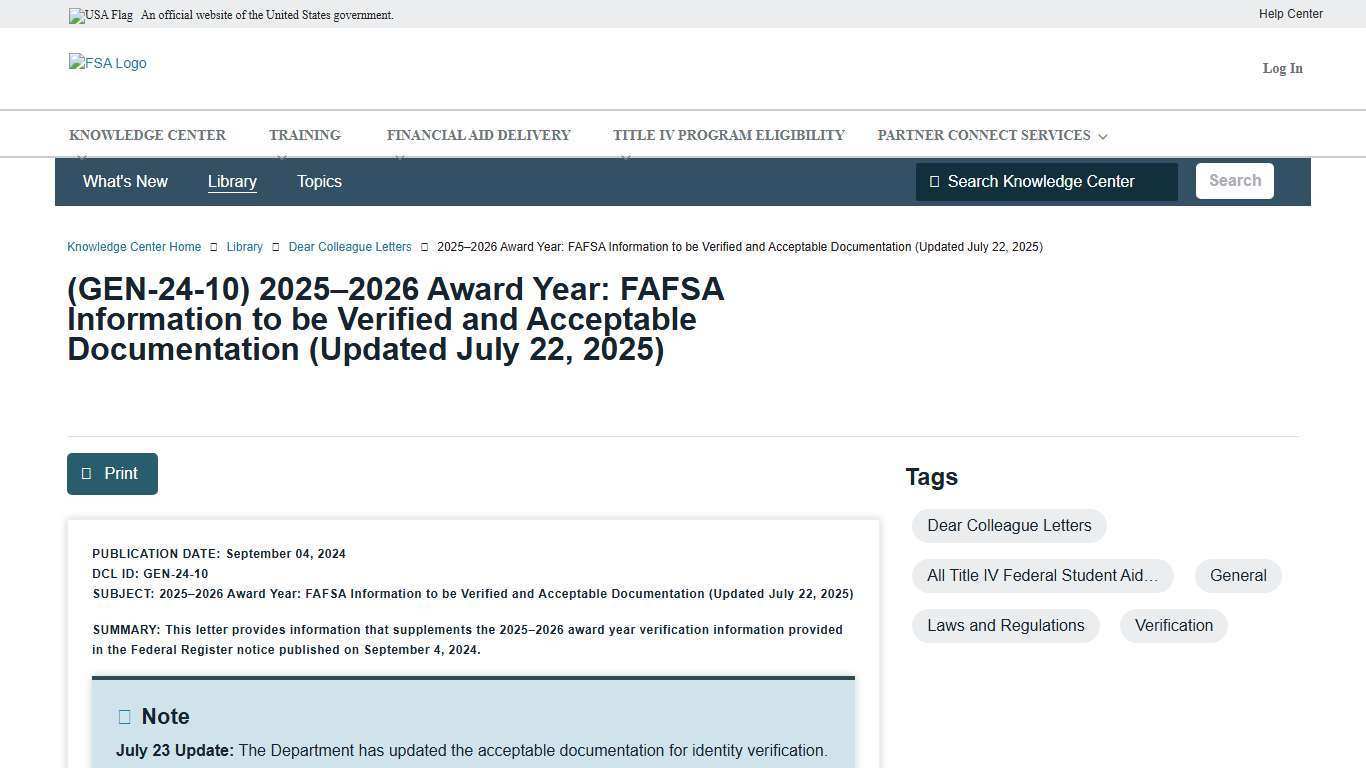 2025–2026 Award Year: FAFSA Information to be Verified and Acceptable Documentation (Updated July 22, 2025) | Knowledge Center